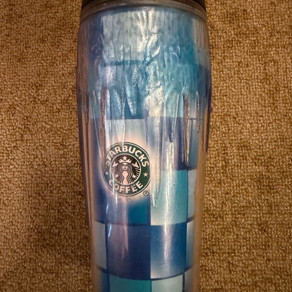 Starbucks 2002 Barista Ice Blue Squares Travel Coffee Mug Tumbler 16oz Frozen